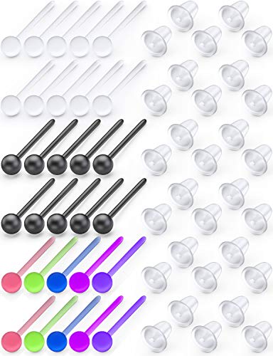 Jenxnjsjo Clear/Black/Multicolor Plastic Ball/Flat Stud Earrings Hole Saver Piercing Retainers Medical Grade for Women Men Sensitive Ears Sports Surgery Work