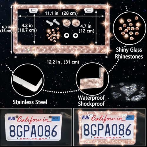 Image of NBTEPEM 27 PCs Gold Champagne Bling Car Accessories Set for Women, Steering Wheel Covers Universal Fit 15 Inch, Bling License Plate Frame, Bling Phone Holder, Bling Car Coasters