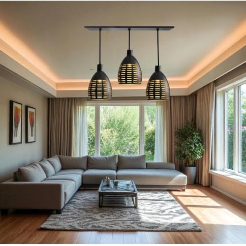 Image of GreyWings Antique Hanging Light for Home, Black Aluminium Pendant Light with 3 Lights, Ceiling Lamp, (Bulb not Included) 3 Linear Set