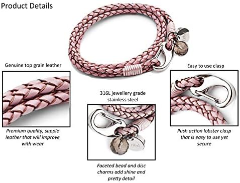 Pink Leather Charm Bracelet for Women, 4-Strand Leather Bracelet with Shrimp Clasp, Crystal Charm + Disc. 19cm, by Tribal Steel