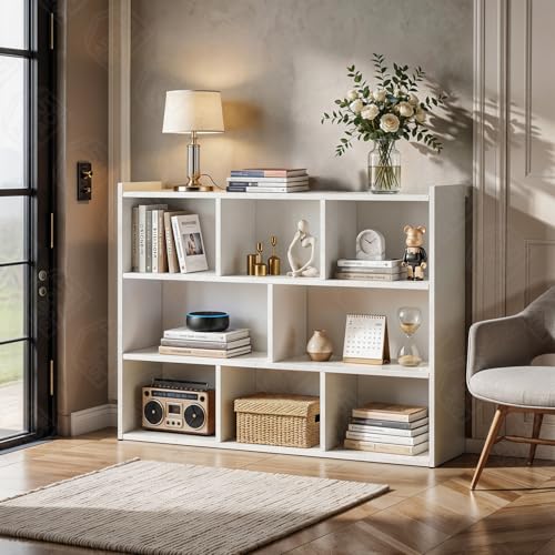 Image of ABOUT SPACE Book Shelf - 8 Cubes Engineered Wood DIY Book Rack with Bushes Multipurpose Book Stand for Home Library Open Storage Organizer for Bedroom, Living Room (White - L 115 x B 31.5 x H 96.5 cm)