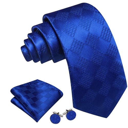 Image of Barry.Wang Plaid Ties Check Mens Necktie Set with Handkerchief Cufflinks Classic Stripe