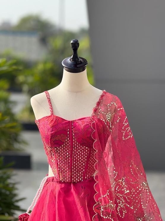 Image of MARUTI FASHION HOUSE Readymade Lehenga Choli Indo-Western Set For Womens & Girls Heavy Pure Organza digital printed 8mtr flair lehenga with canvas patta can can and with dori Chaniya Choli Wedding