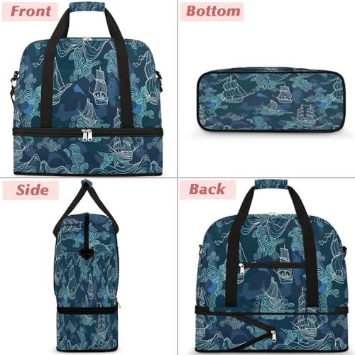 Travel Duffel Bag with Shoe Compartment, Sailing Ships Shoulder Weekender Bags for Women, Foldable Waterproof Travel Bag Carry on Bag3