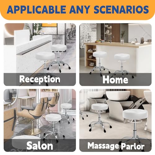 Image of Rolling Stool Heavy Duty 400lb: Super Soft Seat Cushion,360 Swive,Height Adjustability,No Squeaky Noises,No Tip Over,New Upgraded Stool Salon stool Chair, Tattoo Facial Massage Spa Medical (White)