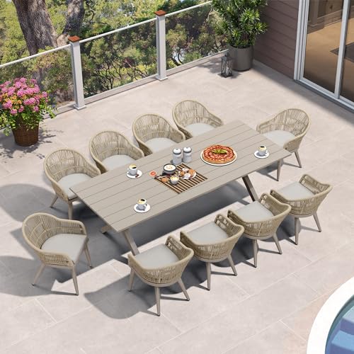 Image of PURPLE LEAF 11 Pieces Patio Dining Set with Outdoor Aluminium Dining Table and Woven Rattan Chairs Modern Metal Furniture Cushions Sets for Garden Yard Indoor Decor Kitchen Champagne