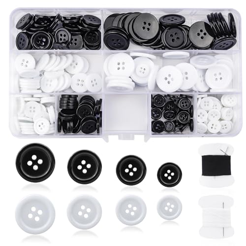 Rybtd Knöpfe Schwarz/Weiß 240 Stück Rund Basis Knopfe, Harzknöpfe mit Vier Ösen, 10/12.5/15/20mm Wäscheknöpfe Set mit Nähgarn set hosenknöpfe