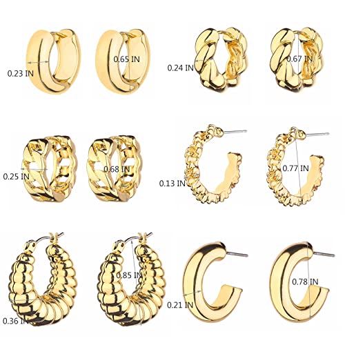 Image of Wgoud 6 Pairs Chunky Gold Hoop Earrings for Women, 14K Gold Plated Hoop Earrings Hypoallergenic, Thick Lightweight Twisted Huggie Hoops Earring Set for Women's Jewelry GIfts