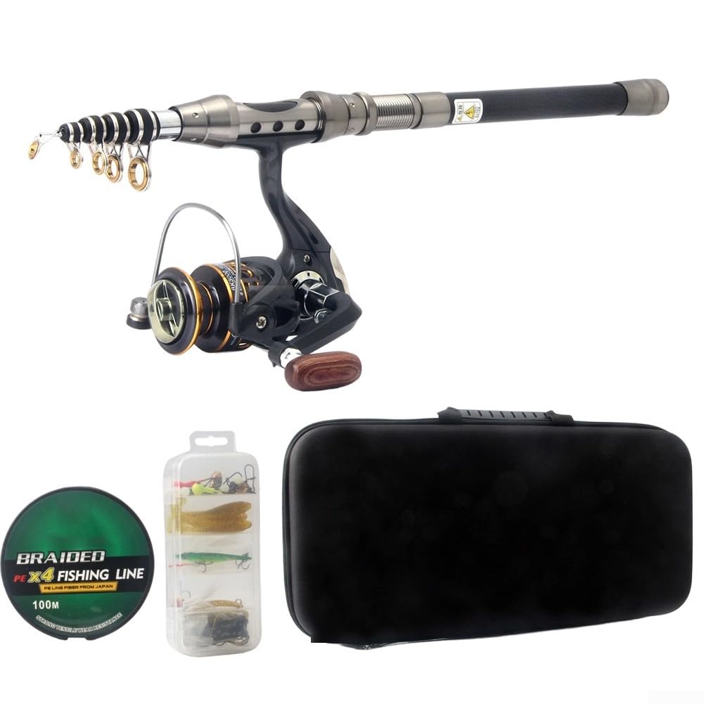 Set composto da canna da pesca e mulinello con lenza e kit di esche in custodia per pesca d'acqua dolce e salata