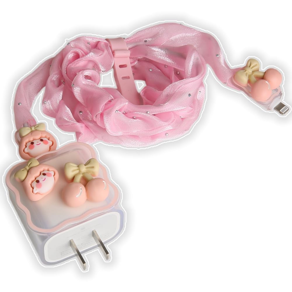 Compatible with iPhone 18W/20W USB-C Charger Cover Cute Girl and the Cherry Design Clear Soft Charger Protector Lovely Cable Saver for iPhone 11-17 Pro Max Fast Power Adapter, Pink