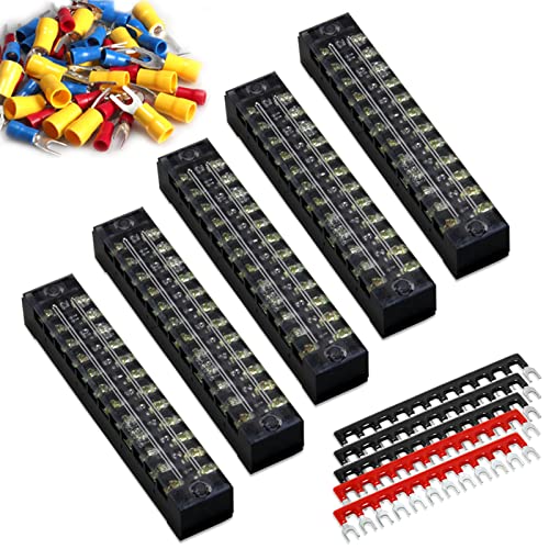 Image of (82pcs) 5 Sets Terminal Block - 5pcs 12 Position 600V 15A Dual Row Screw Terminals Strip with Cover+5pcs Pre-Insulated Barrier Jumper Strips Black & Red+72pcs Spade Fork Wire Connectors by MILAPEAK