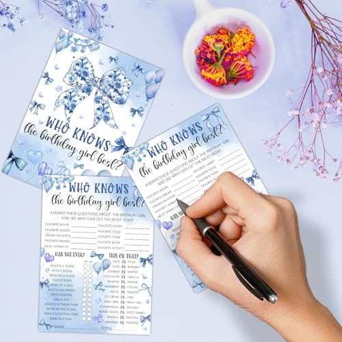 Image of Who Knows The Birthday Best - Blue Party Games Card Set - Blue Bow Themed Sleepover Slumber Party Supplies - Birthday Night Games Creative Idea - 20 Game Cards