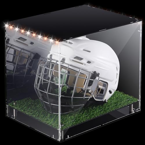 Kigley Football Helmet Display Case Full Size LED Tricolor Light Strip Acrylic Display Case with Mirrored Back with Turf Grass UV Protected Helmet Holder Base for Memorabilia Collectibles