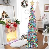 RACPNEL 5Ft Pop Up Tinsel Christmas Tree with LED Lights, Sequins, Tree Topper, Collapsible Pencil Christmas Tree Artificial, Holiday Indoor Christmas Decoration for Home, Office, Apartment Xmas Decor