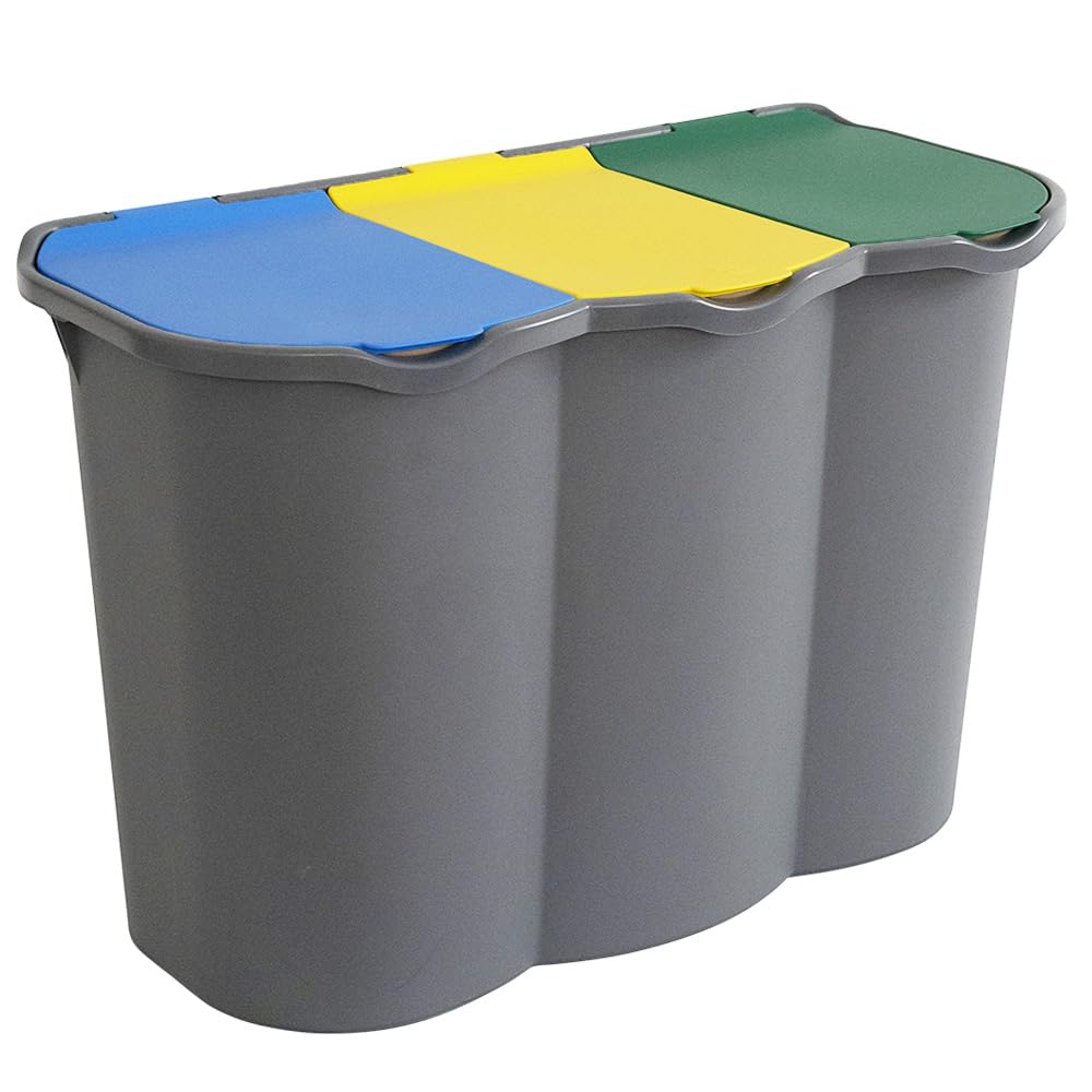 PALUPLUS Pattumiera a 3 Scomparti per Raccolta Differenziata, misura 74x35x55 e Capacità 80 Litri, Anelli Ferma Sacchetto, Secchio per Spazzatura con Coperchi Azzurro, Giallo e Verde -9606
