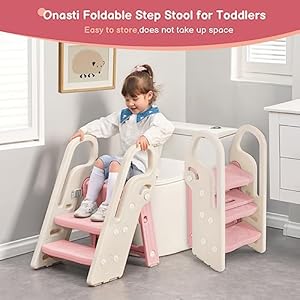 Onasti Foldable Toddler Step Stool for Bathroom Sink, Adjustable 3 Step Stool for Kids Toilet Potty Training Stool with Handles, Child Kitchen Counter Stool Helper, Plastic Ladder for Toddlers Pink Onasti Foldable Toddler Step Stool for Bathroom Sink Adjustable 3 Step Stool for Kids Toilet Potty Training Stool with Handles Child Kitchen Counter Stool Helper Plastic Ladder for Toddlers Pink
