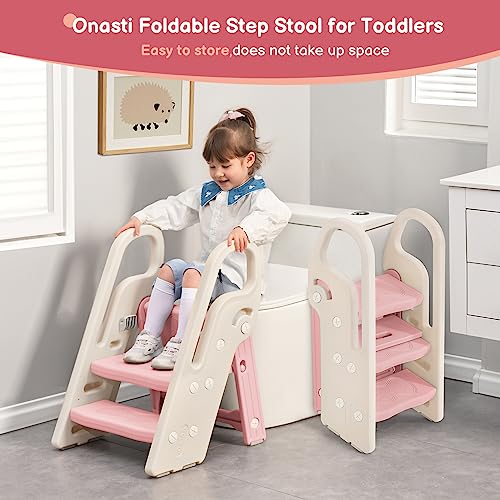 Onasti-Foldable-Toddler-Step-Stool-for-Bathroom-Sink-Adjustable-3-Step-Stool-for-Kids-Toilet-Potty-Training-Stool-with-Handles-Child-Kitchen-Counter-Stool-Helper-Plastic-Ladder-for-Toddlers-Pink Onasti Foldable Toddler Step Stool for Bathroom Sink Adjustable 3 Step Stool for Kids Toilet Potty Training Stool with Handles Child Kitchen Counter Stool Helper Plastic Ladder for Toddlers Pink
