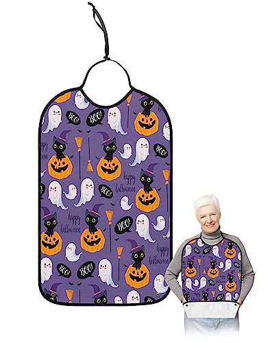 LEOKOTI Halloween Adult Bibs for Eating, Waterproof Bibs with Food Catcher & Adjustable Snap Closure, Purple Fall Pumpkin Black Cat Ghost Washable Clothing Protectors Adult Bibs for Elderly Women/Men