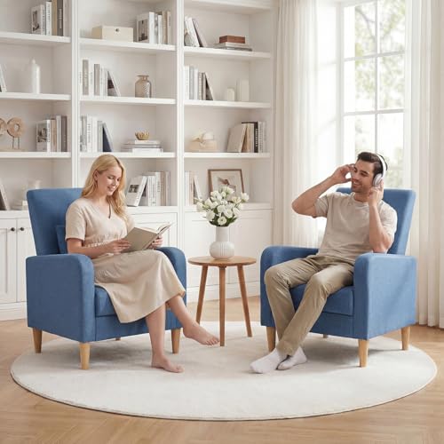 Image of COLAMY Mid-Century Modern Accent Chairs Set of 2, Fabric Upholstered Living Room Chairs with Back Pillow & Solid Wood Legs, Comfy Armchair for Living Room, Bedroom, Single Sofa, Blue