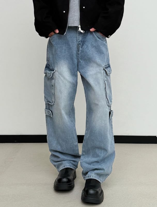 LOGEQI Mens Baggy Cargo Jeans Wide Leg Hip Hop Jeans Streetwear Loose Fit Denim Pants - Image 2