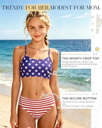 Image of Century Star Girls Ribbed 2-Piece Bikini Swimsuit - Fully Lined Modest Bathing Suit for Teens & Tweens