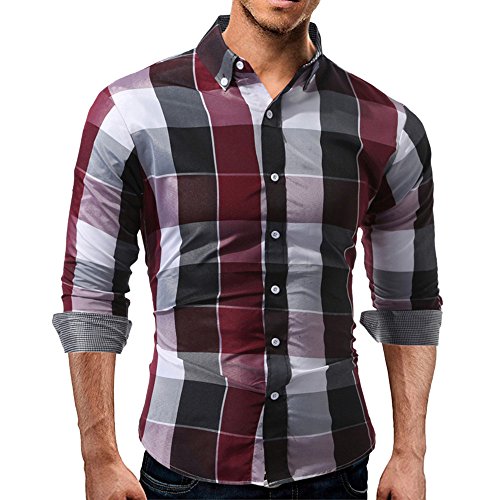 Balakie Stylish Mens Shirt Daily Tartan Pullover Slim Button Down Blouse Tops(Red,L)