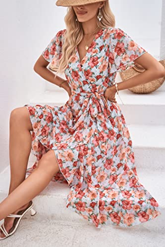 PRETTYGARDEN Women's Summer Floral Boho Maxi Dress Wrap Short Sleeve V Neck Ruffle A-Line Flowy Wedding Guest Long Dresses