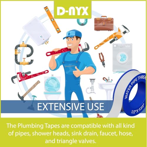 Image of D-NYX Teflon Tape 4 Rolls 1 /2 Inch(W) X 520 Inches(L) Teflon Duct Sealant Tape for Shower Head, Plumbing Thread Tapes, Water Pipe Sealing Plumbers PTFE Thread Seal, Pipe Dope Plumbers Accessories