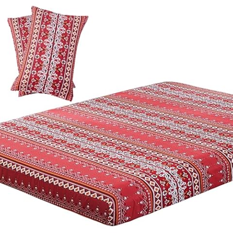 Vaulia Boho Bedding Sheet Set King Size 3 Piece, Soft Red Geometric Bohenmian Pattern Microfiber Fitted Sheets Deep Pocket with 2 Pillowcases Cover