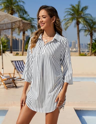 Image of Blooming Jelly Womens Bathing Suit Cover Ups Bikini Swimsuit Coverup Drawstring Beach Dress Shirt