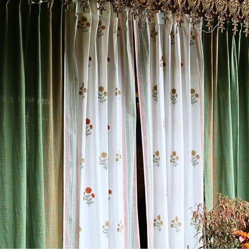 Image of Peepul Tree Mix and Match Solid and Sheer Door Curtains in Sage Rust, Mustard & Teal | 7 Feet | Set of 4 | 2 Solid & 2 Sheer Curtain| Layered Curtains | Pure Cotton | Back Loop Curtains