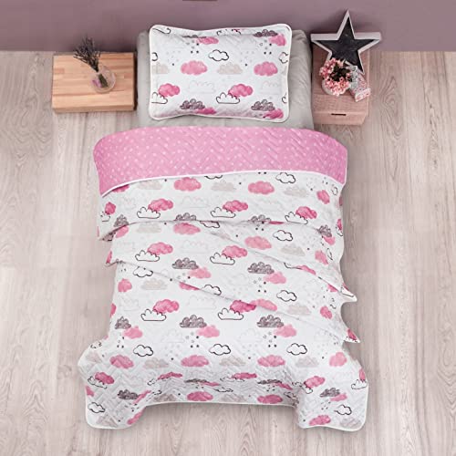 Dhestia Home - Colcha Bouti Reversible Infantil de Algodón Turco Nubes Rosa - Color Rosa, Talla...