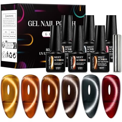 MEET ACROSS Amber Cat Eye Gel Polish Set Brown Glitter Gel Polish Kit Nude Cat Eye Gel Nail Polish Magnet Translucent Soak Off UV Cateye Gel Polish with Magnet Fall and Winter Gifts Cover