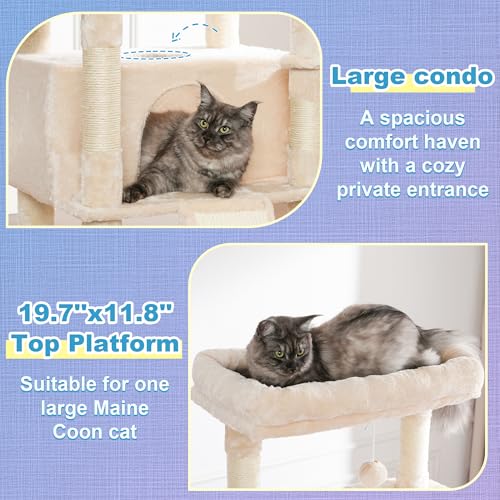 Image of Hey-brother Cat Tree Tower, Scratching Posts with Extra Large Platform and Basket, Specious Condo, 2 Cozy Hammocks, Scratch Board for Indoor Adult Cats, Maine Coon 71.7 inches, Beige MPJ080M
