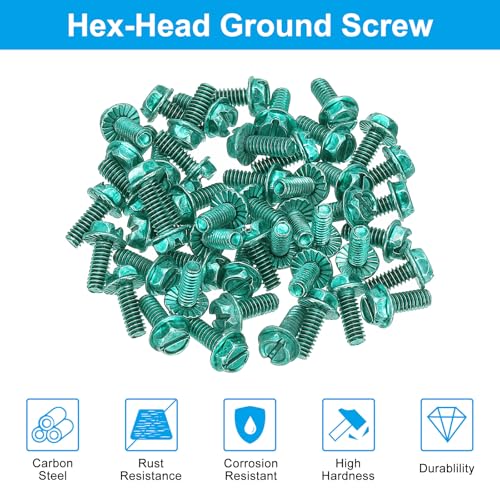 Image of PATIKIL 5 /32 x 3 /8 Inch Thread Ground Screws, 50 Pack Green Electrical Grounding Screw Slotted Hex Head Flanged for Home Electrical Lamp