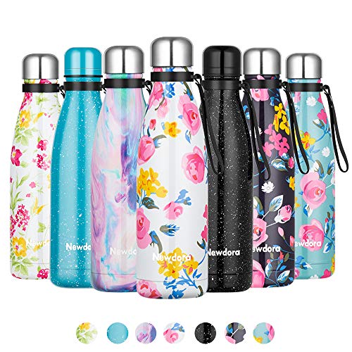 Newdora Botella de Agua Deportiva de Acero Inoxidable, Cantimplora Termo con Doble Aislamiento para 12 Horas de Bebida Caliente y 24 Horas de Bebida Fría, 500ML, Flores Blancas