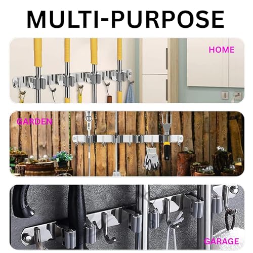 Image of Broom Mop Holder Wall Mount Stainless Steel Wall Mounted Storage Organizer Heavy Duty Tools Hanger with 4 Racks 5 Hooks for Kitchen Bathroom Closet Garage Office Garden 1Pc broom holder