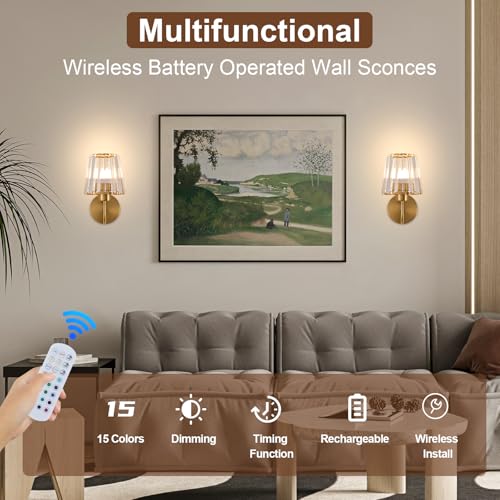 Image of EIDISUNY Crystal Battery Operated Wall Sconces, Set of 2, Gold | Wireless, RGB Rechargeable Dimmable, Vintage, Bedroom Living Room Hallway, Bulbs Included
