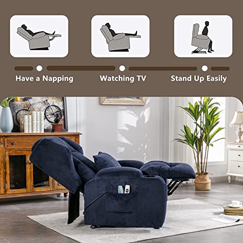 Obbolly Power Lift Recliner Chair For Elderly,Beibei Velvet Fabric Heat Massage Chair Recliner With Whell For Living Room,Sofa With Lumbar Pillow, Side Pockets, Usb Ports,Blue #TOP4
