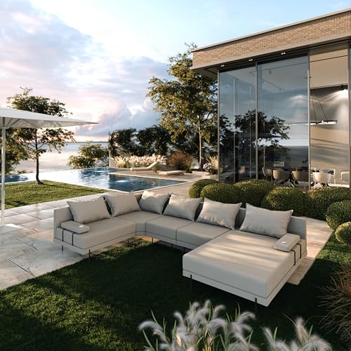 TRADA Salon d'angle de Jardin en Bois Bahama XL 222 x 370 cm en Forme de U (Set 4) (Gris, côté Gauche)
