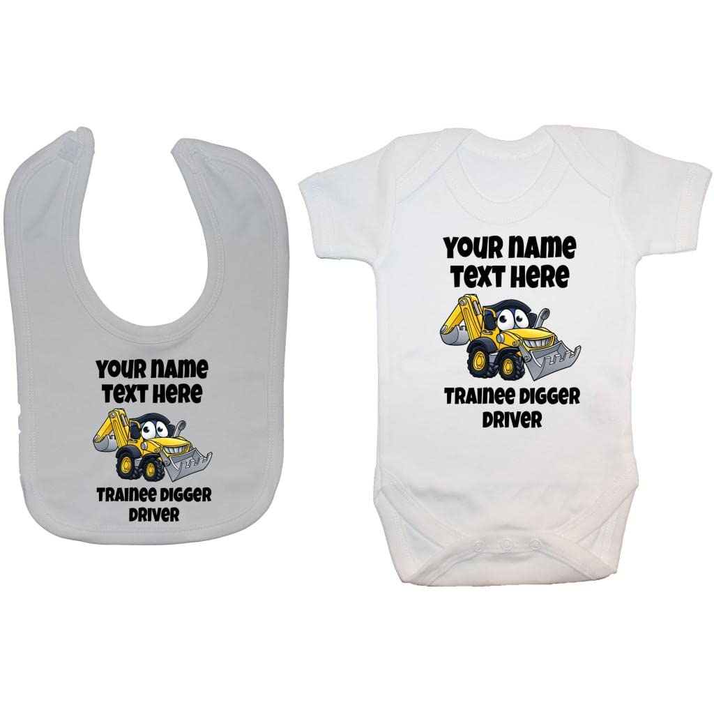Acce Products Trainee Digger Driver Personalised Name Colour Pic Baby, Bodysuit, Romper, Babygrow & Feeding Bib - 0-3 Months - White