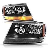 JSBOYAT Halogen Headlight Assembly Compatible with 99-04 Jeep Grand Cherokee WJ Replacement OE Headlamp Driver and Passenger Side Black Housing & Amber Reflector