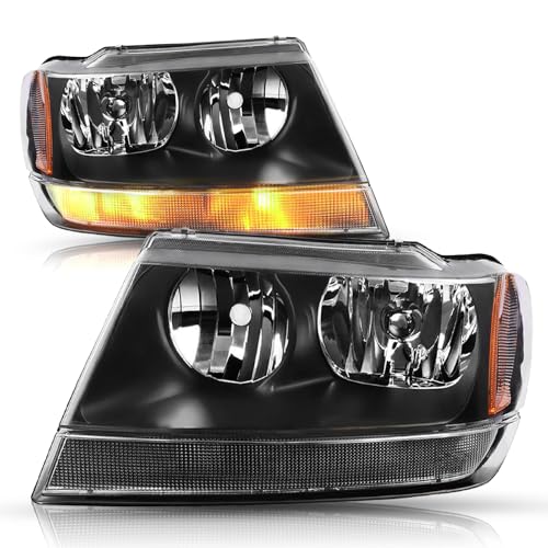 JSBOYAT Halogen Headlight Assembly Compatible with 99-04 Jeep Grand Cherokee WJ Replacement OE Headlamp Driver and Passenger Side Black Housing & Amber Reflector