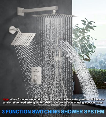 Image of Woindo Shower Faucet Set, 10 inch Wall Mount Rainfall Shower System with 2 Rain Shower Head and Multi-function Handheld Head Push Button Diverter Shower Faucet Trim Kit