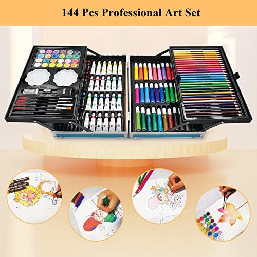 Halobios Professional Art Set for Kids, 144 Deluxe Aluminium Art Case Painting Set with Sketching Pencils Drawing Pencils, Premium Colouring Drawing Art Supplies Case Gift for Artists Children Adult