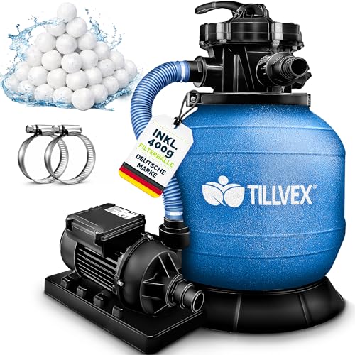 tillvex® Sandfilteranlage Pool 7.900L/h inkl. 400g Filterbälle | Filteranlage 7-Wege Ventil & 2in1 Adapter Ø32mm - 38mm | Poolfilter mit Druckanzeige | Sandfilter für Schwimmbecken (Blau)