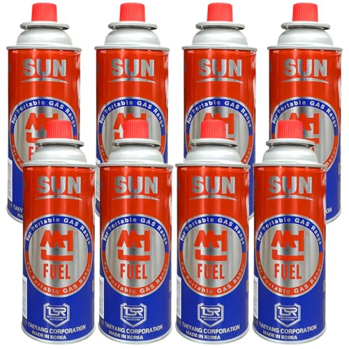 Image of Sun Butane Gas Canister 227 GMS, Pack of 8 - Portable Fuel Canister for Camping Stove, Butane Torch, Chafing Dish, Fogging Machine & Outdoor Cooking - High Safety TSR Valve