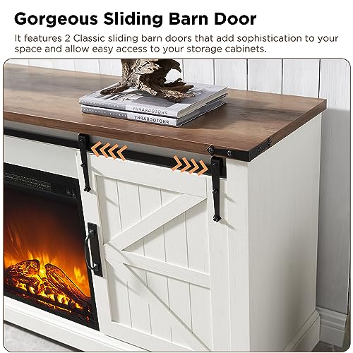 OKD Farmhouse Electric TV Stand for 65+ Inch TV, Rustic Entertainment Center with 18" Fireplace, Sliding Barn Door, Storage Shelves, Wood Media Console Cabinet for Living Room, Antique White - Image 4