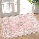 Castage Small Rugs 2'x3',Pink Rug for Entryway Bathroom Kitchen Entrance Doormat,Boho Vintage Bohemian Distressed Washable Accent Indoor Mat Floor Throw Carpet Non Slip,Blush Floral Flowers