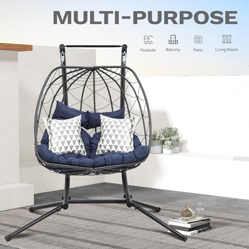 DWVO Doule Egg Hanging Swing Chair with Stand Egg Chair Wicker Indoor Outdoor Hammock Egg Chair with Cushions 500lbs for Patio, Bedroom, Garden and Balcony, Blue